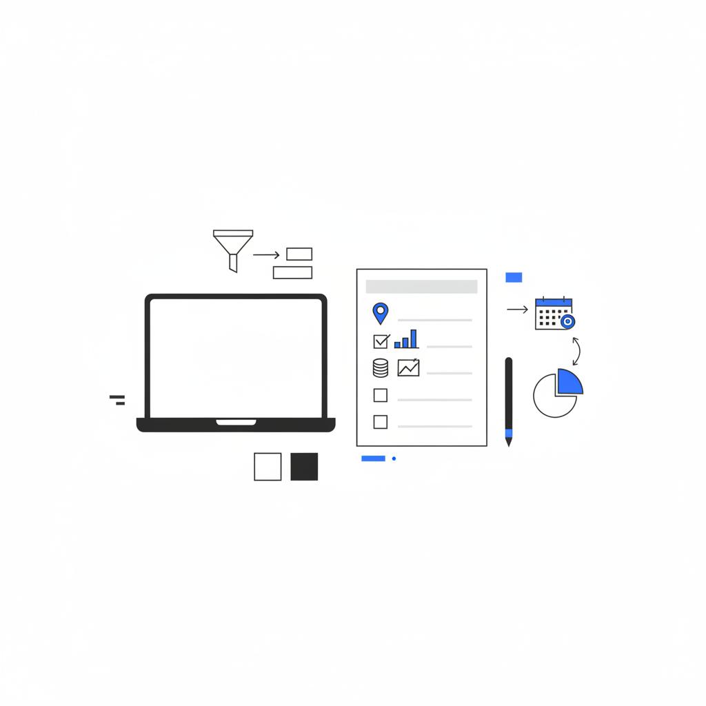 Minimal 2D vector workspace with closed laptop, printed dental marketing checklist sketch, sticky notes and pen illustrating pricing icons &mdash; How much do dental marketing agencies charge?