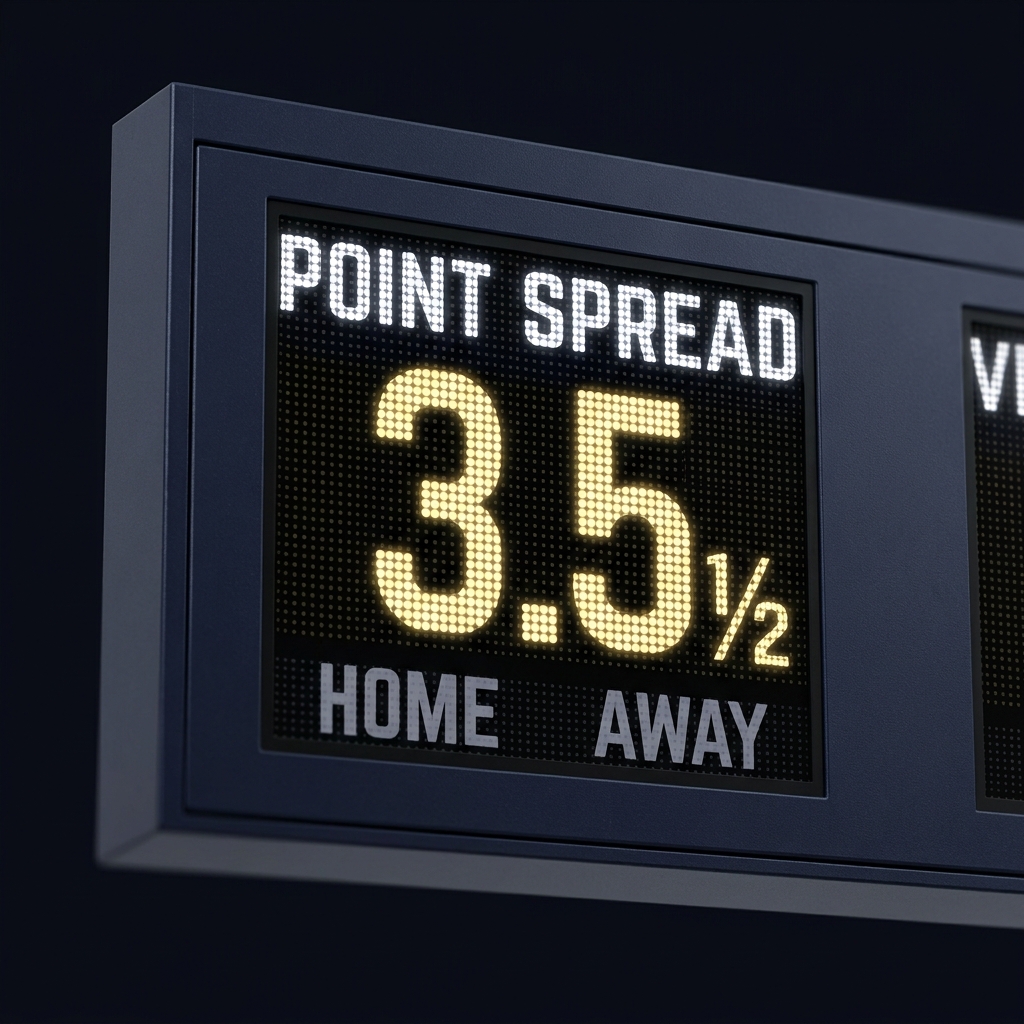 Close up of a modern scoreboard highlighting a three point sports spread with a subtle half point symbol on a dark Funded Plays branded background