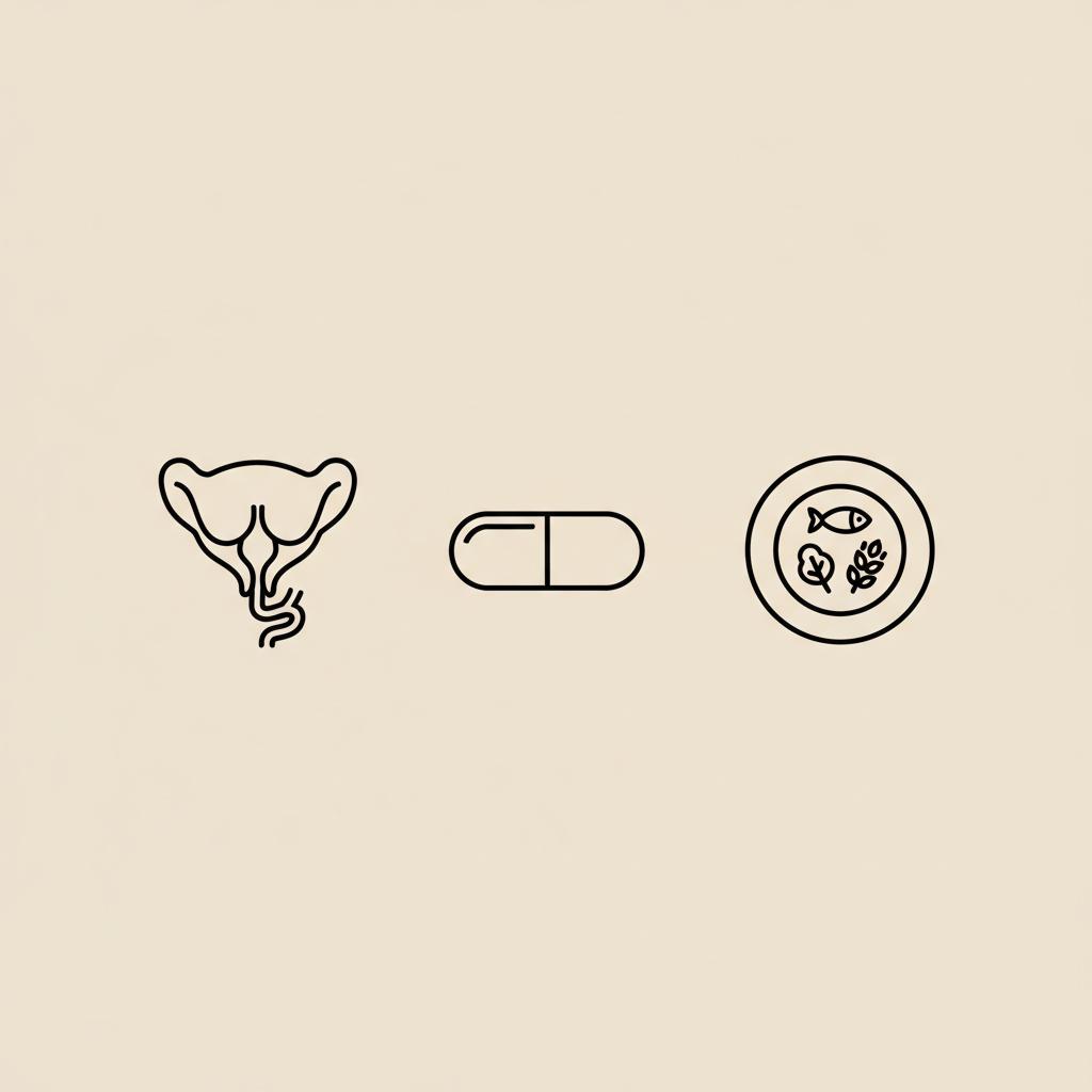 Minimalist Tonum-style line illustration of placenta, capsule, and plate with protein, vegetable, and whole-grain icons on beige background — what hormone decreases insulin sensitivity in pregnancy