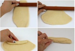 Tạo hình bánh mì bằng cách cán bột thành hình dẹt rồi cuộn lại thành dạng ổ như hình bên dưới. Quét một lớp bơ đã đun chảy lên mặt bánh để mặt bánh bóng đẹp và thơm.