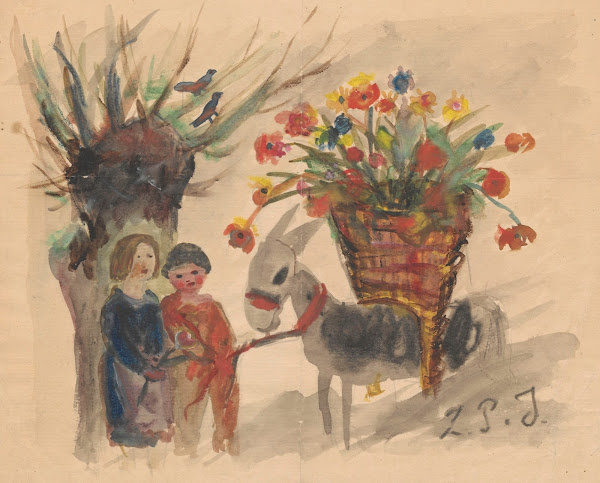 Name day card for Maria Mickiewiczówna with a drawing showing two children leadi