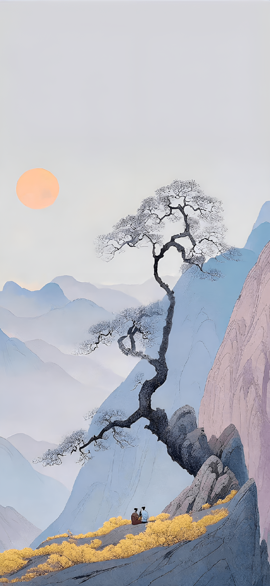 Traditional Ink Wash Art Misty Mountains Pine Tree Sunset View - Free 4K mobile Wallpaper