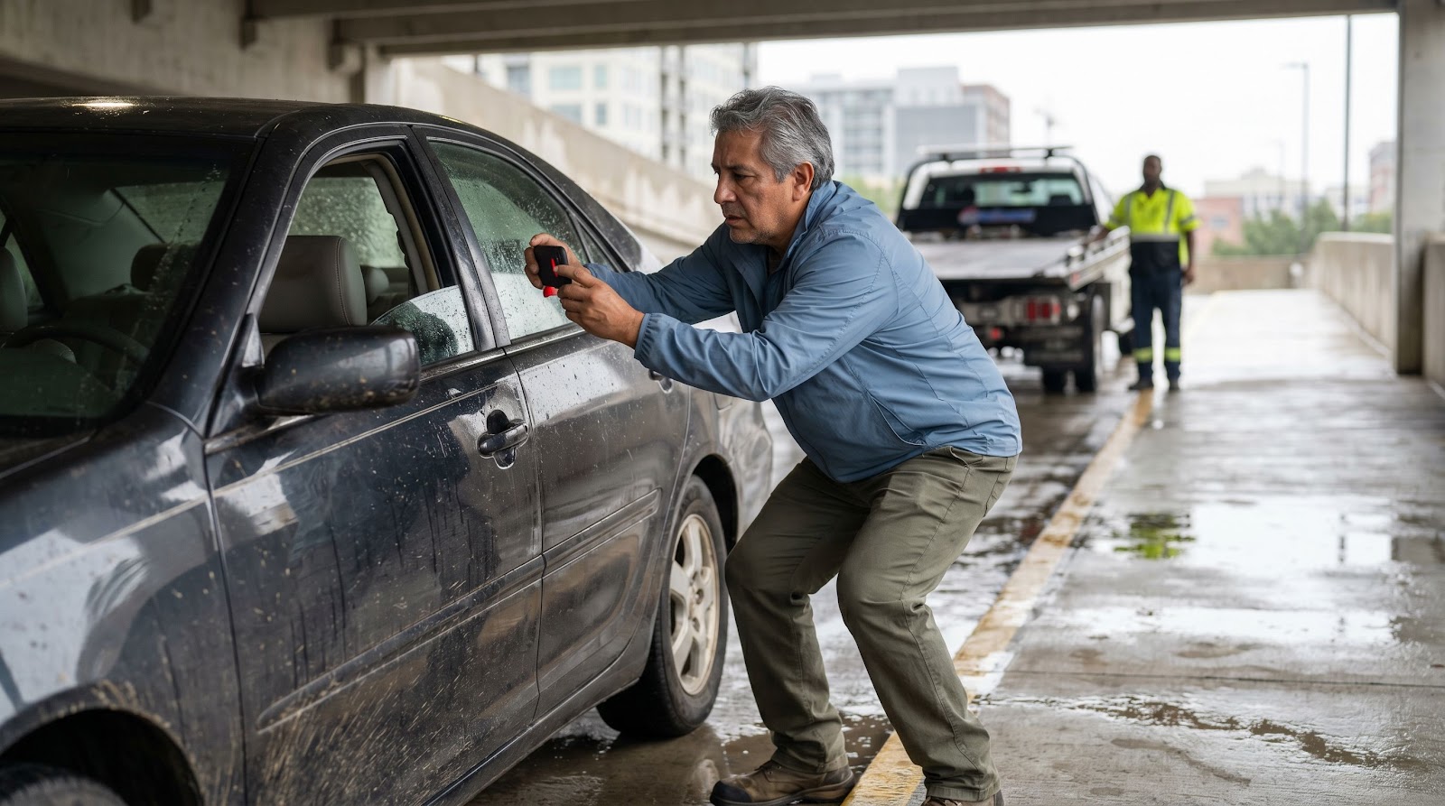 Driver documenting flood damage for a florida hurricane car insurance claim after a storm in Florida