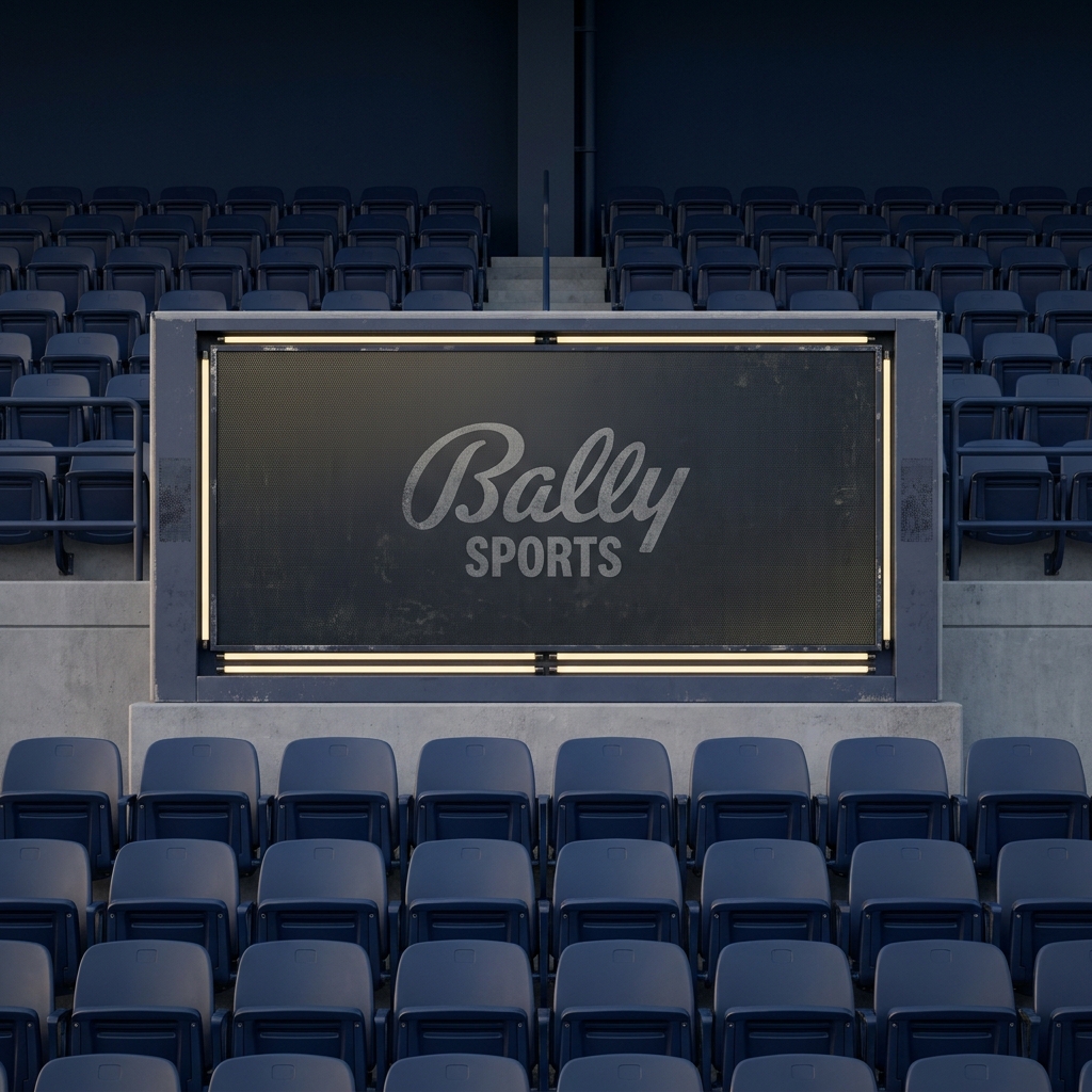 Empty stadium seats with a centered scoreboard showing a faded Bally Sports logo implying local broadcast uncertainty, realistic lighting and minimal composition, Funded Plays palette, diamond sports book