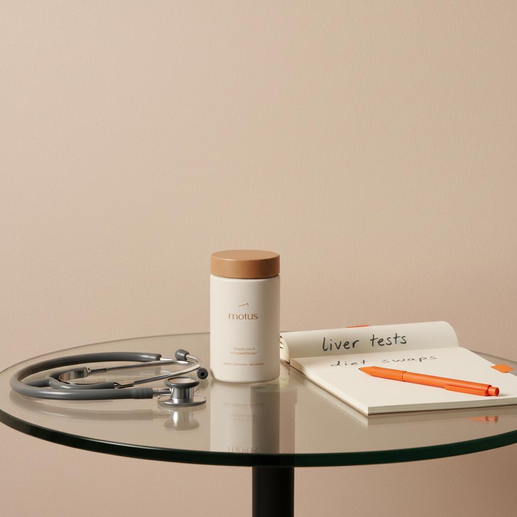 Tonum Motus supplement container on a glass table beside a stethoscope and a notebook with notes like 'liver tests' and 'diet swaps', suggesting support for fatty liver care