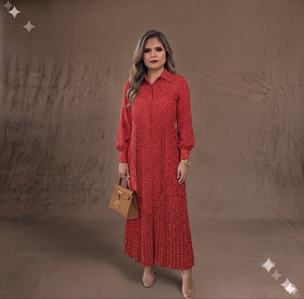 Vestido Rojo Largo Plisado con Estampado Polka Dots