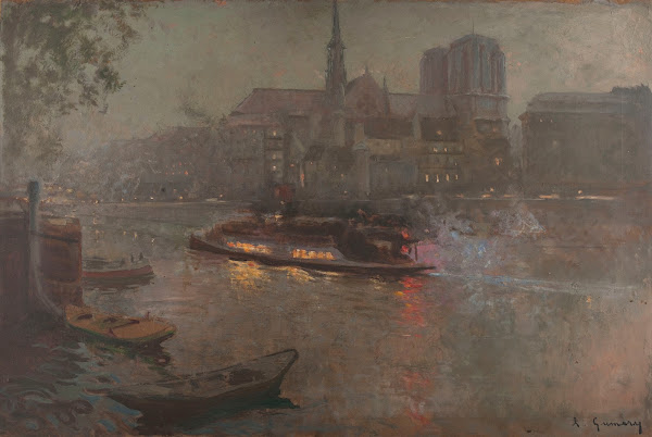 Bateau Mouche sur la Seine le soir devant Notre Dame 1890