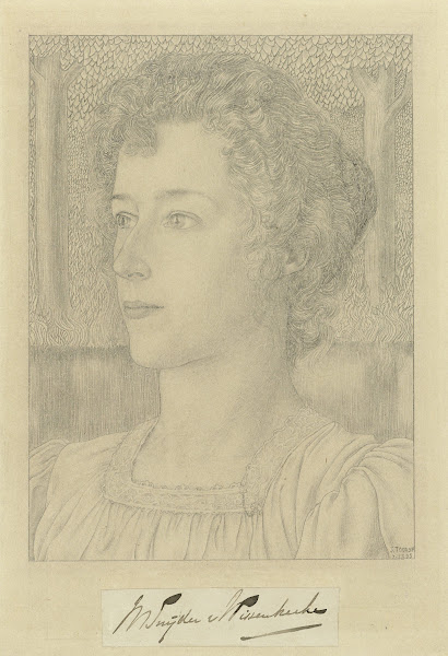Portret van mejuffrouw M Snijder van Wissenkerke met op de achtergrond een weide