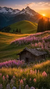 Alpine Cabin at Sunset Amidst Purple Wildflowers