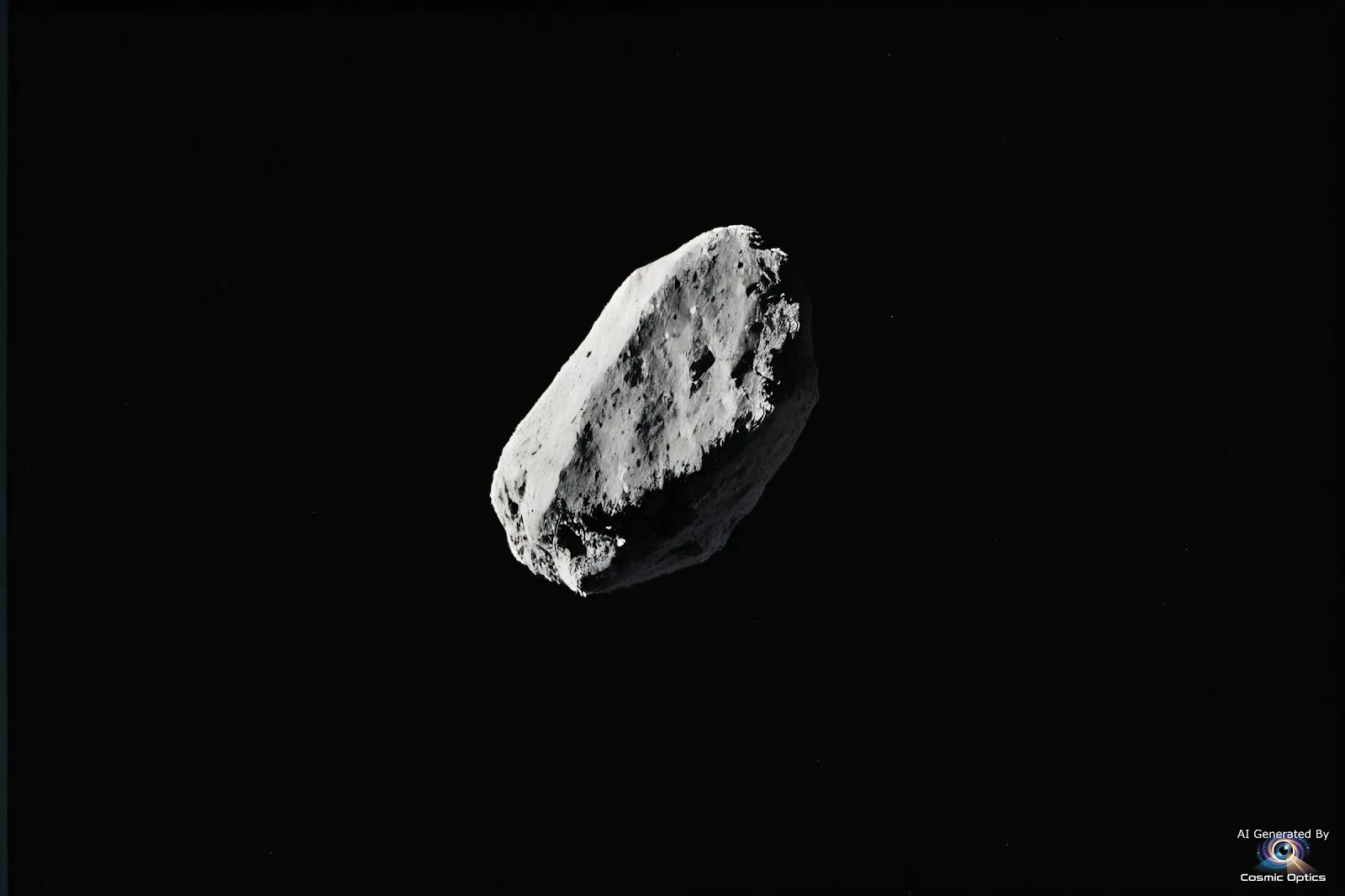 An authentic, true-color NASA photograph of a photograph of a rocky asteroid rotating in the dark vo_00001