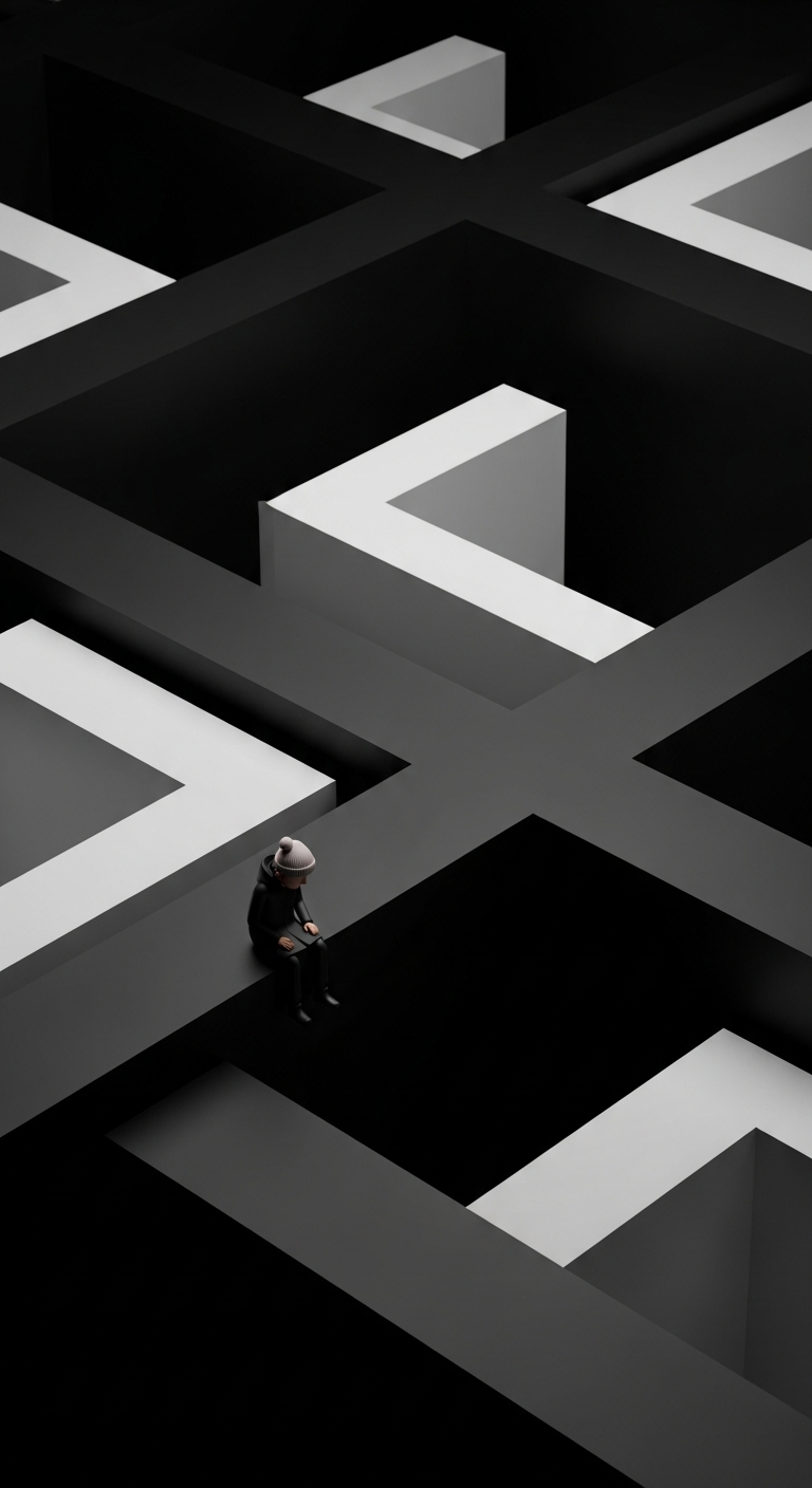 Abstract 3D Geometric Art of a Small Figure Lost in a Labyrinth of Black Shapes - Free 4K mobile Wallpaper