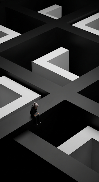 Abstract 3D Geometric Art of a Small Figure Lost in a Labyrinth of Black Shapes - Free mobile Wallpaper