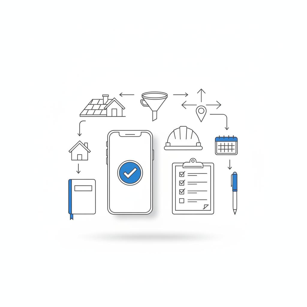 Minimal 2D vector close-up of a smartphone showing a service confirmation icon beside a hard hat and clipboard checklist, accented pen in #1a5bfb on white background &mdash; roofing leads concept.