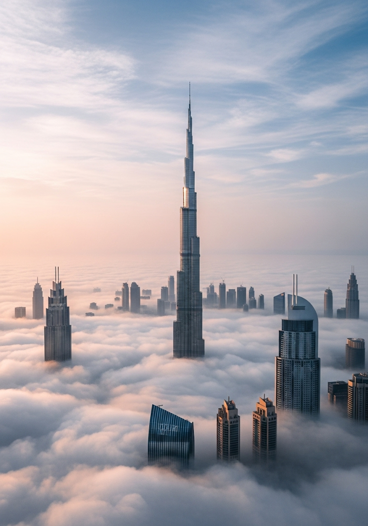 Burj Khalifa Skyscrapers Above Clouds Dubai Sunrise