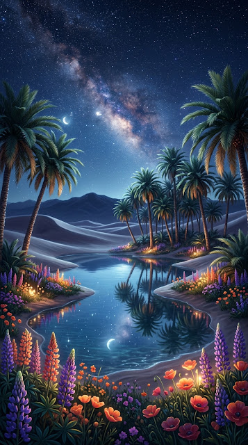 Dreamlike Starlit Desert Oasis Digital Painting - Free mobile Wallpaper