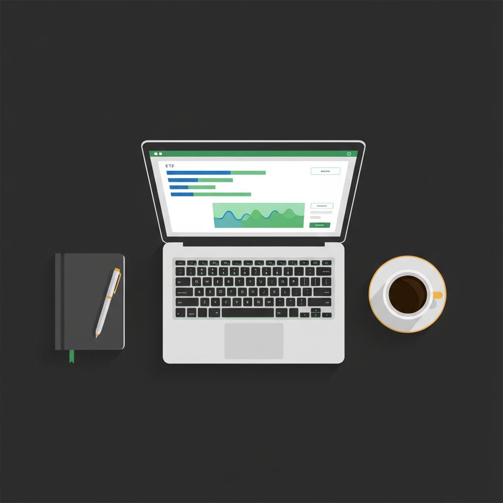 Top down 2D vector minimal laptop with simplified ETF dashboard coffee cup and notebook on dark background representing simplest passive income workspace