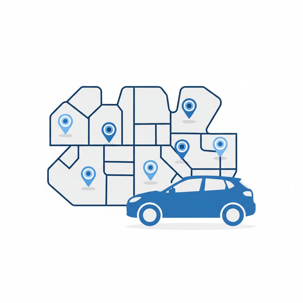 Minimal 2D vector city map with zip code risk markers and a generic car silhouette indicating theft intensity subaru car dealer near me
