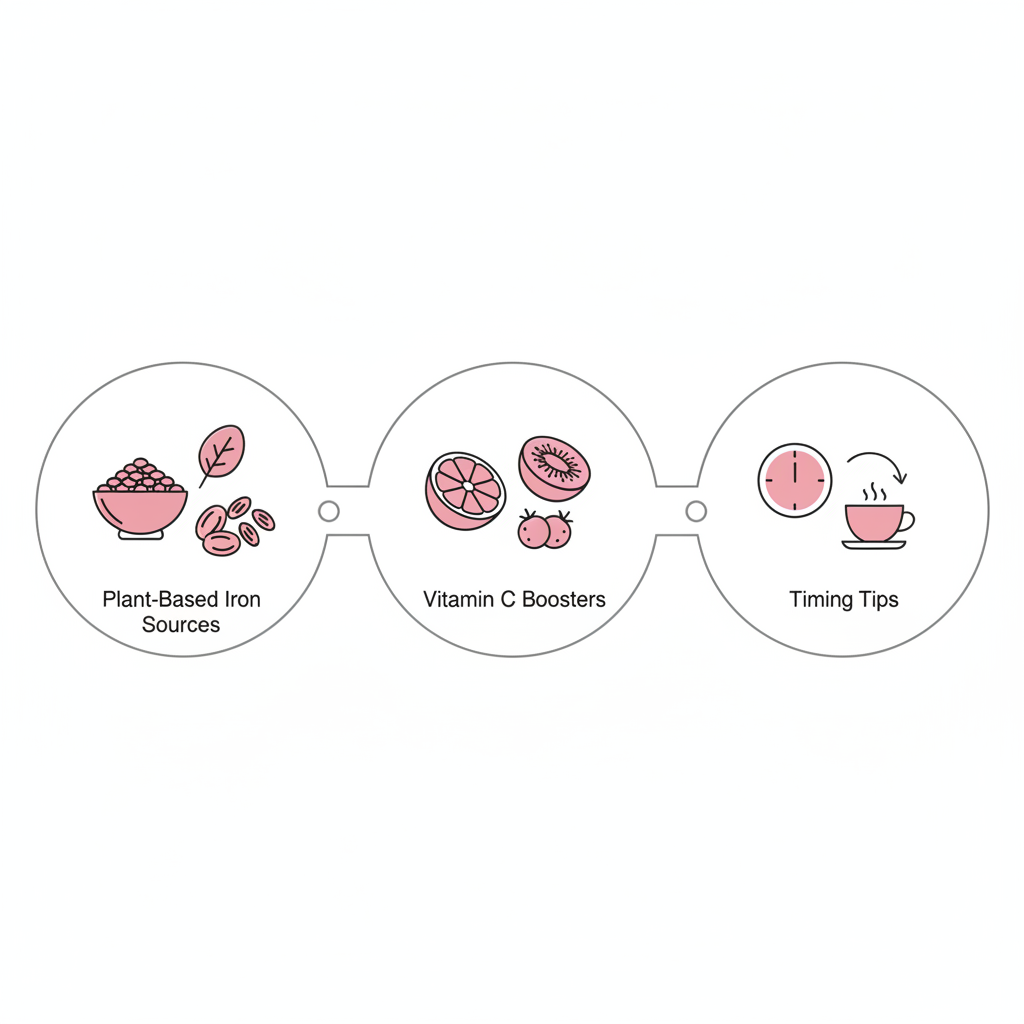 Infografik mit minimalistischen Vektor-Icons zu Obst bei Eisenmangel: pflanzliche Eisenquellen, Vitamin-C-Booster und Timing-Tipps auf weißem Hintergrund mit Akzent #f57fb6.