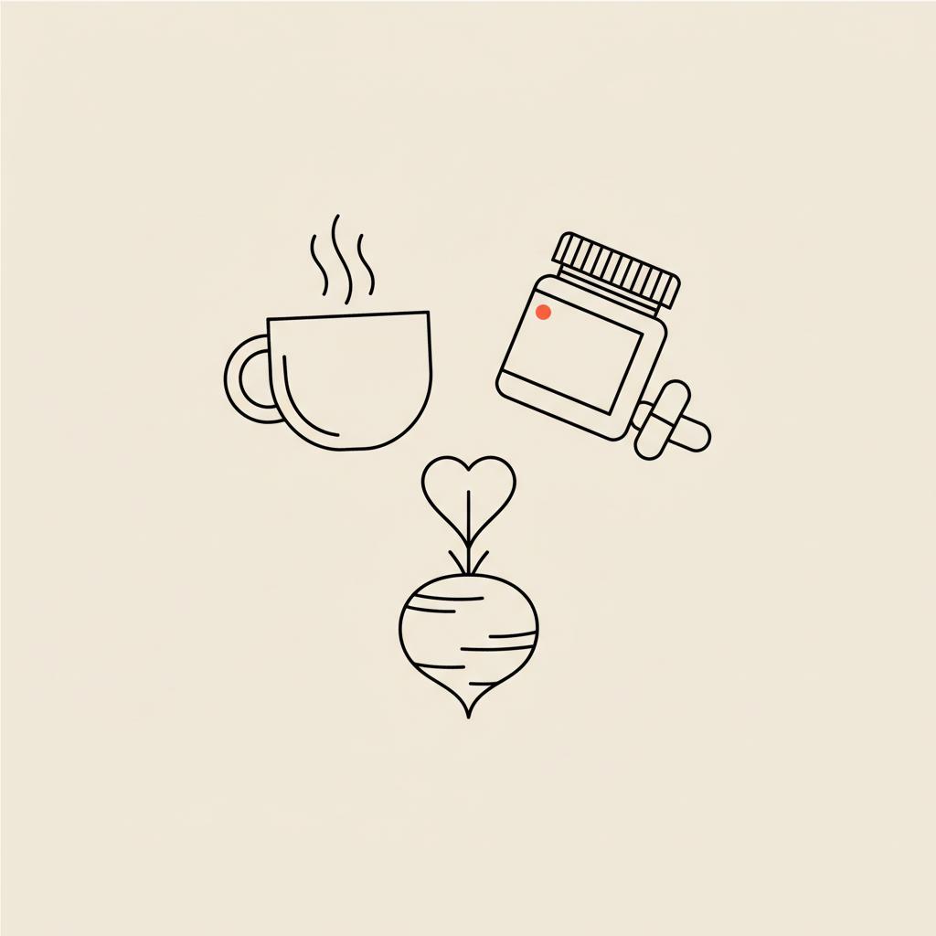 Minimalist vector line illustration of a coffee cup, beetroot, and supplement jar on a flat beige background, representing best liver detox drinks.