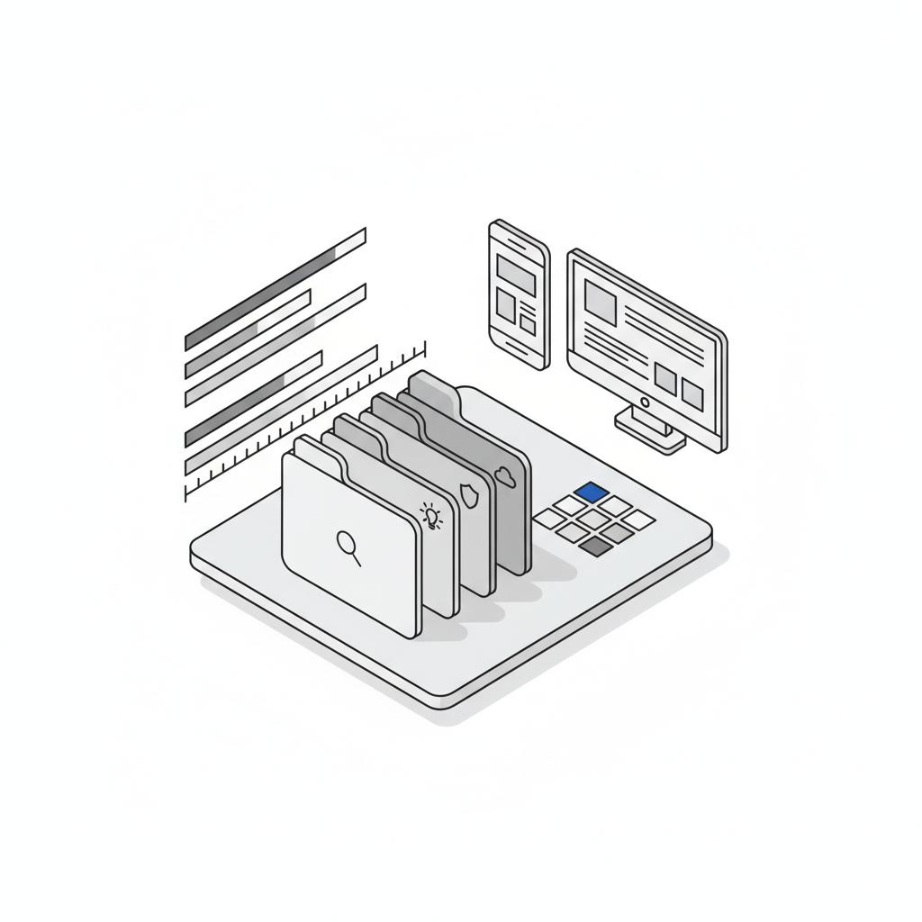 Isometric 2D vector brand toolkit spread with file stacks, color grid including #1a5bfb, typographic scale charts and mobile/desktop mockups, visualizing branding services cost