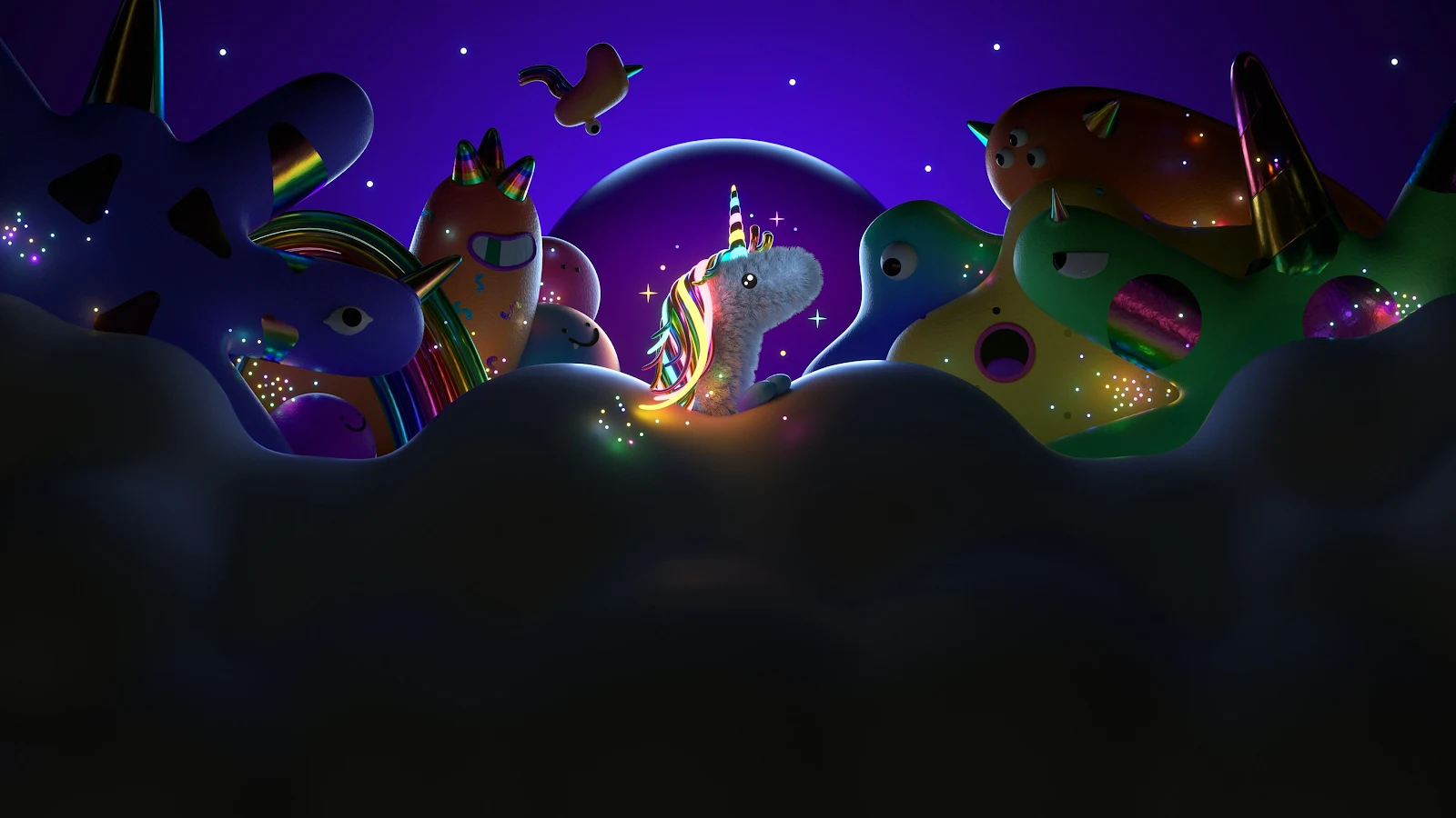 Little Unicorn with Colorful Monsters - 3D Digital Art 4K Wallpaper (3840x2160)