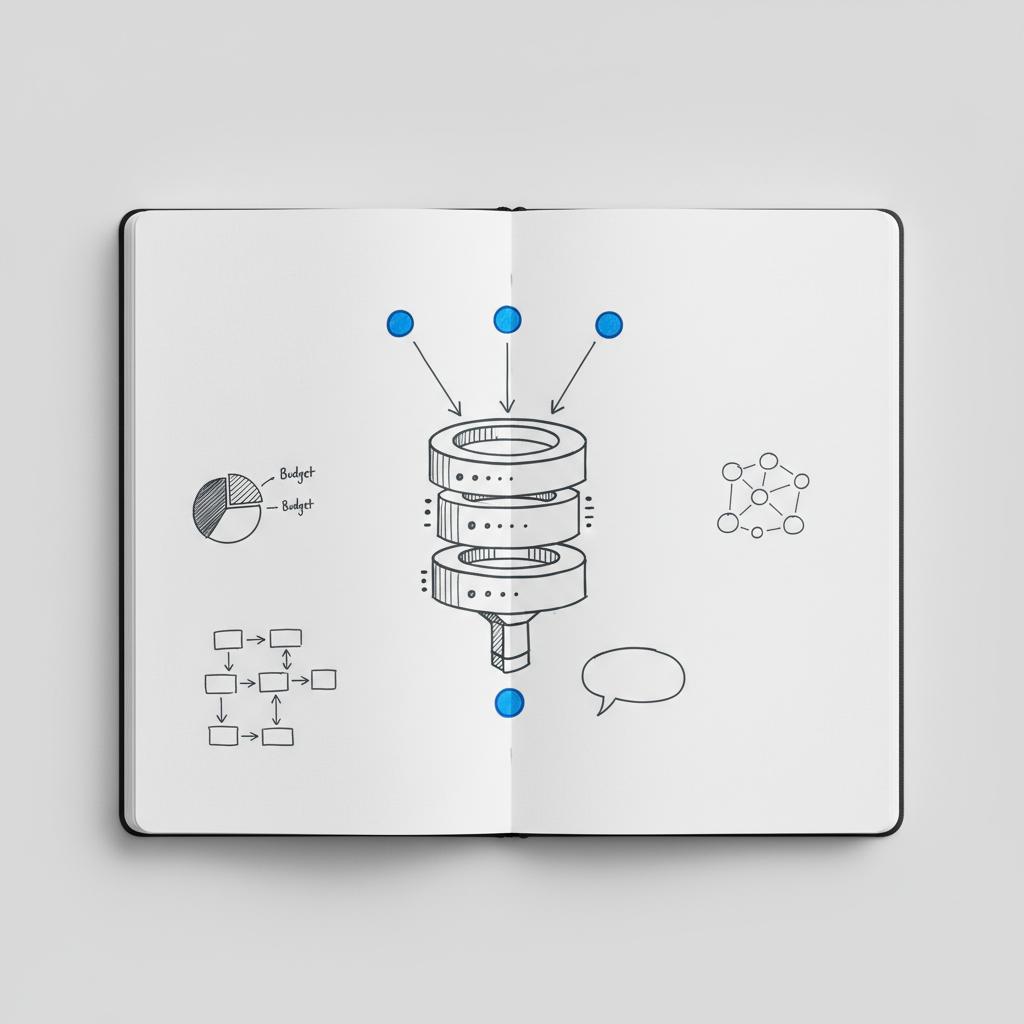 Top-down close-up of a sketchbook spread with a hand-drawn campaign funnel, entry nodes, proof bullets and an empty speech-bubble quote icon; accents in #1a5bfb &mdash; PPC expert