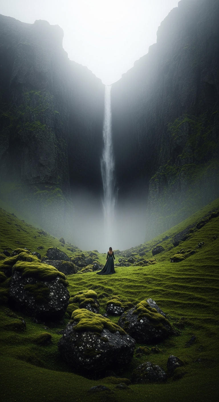 Epic Fantasy Landscape of a Solitary Woman in a Dark Dress Walking on a Green Hillside Below Misty Cliffs - Free 4K mobile Wallpaper