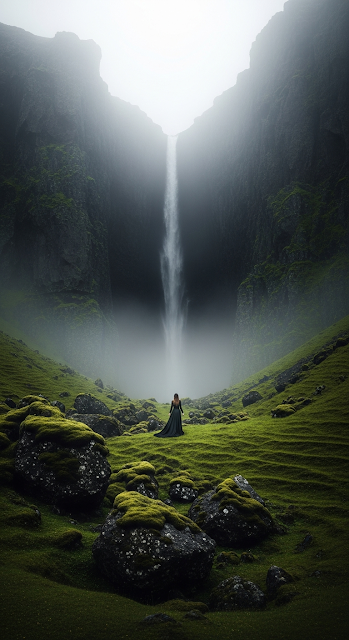 Epic Fantasy Landscape of a Solitary Woman in a Dark Dress Walking on a Green Hillside Below Misty Cliffs - Free mobile Wallpaper