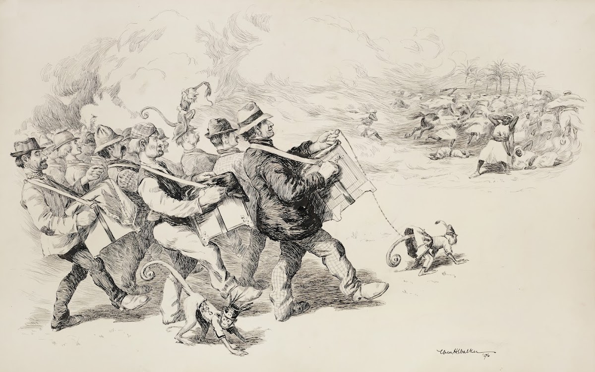 A crowd of organ grinders with monkeys causes a group of Middle Eastern men to f