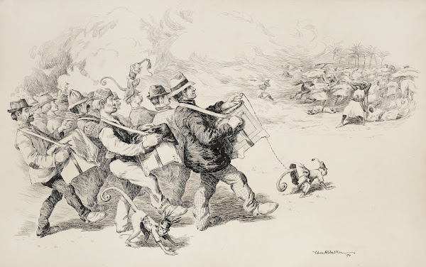 A crowd of organ grinders with monkeys causes a group of Middle Eastern men to f