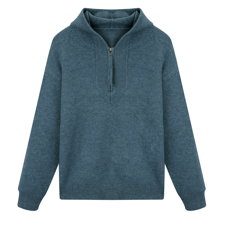 Modern men's knitted pullover with hood and zipper