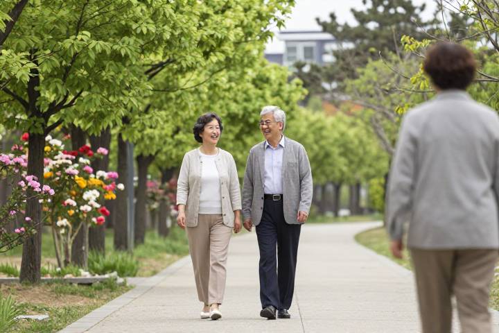 日当たりの良い公園で近所の人と笑顔で挨拶を交わす高齢夫婦