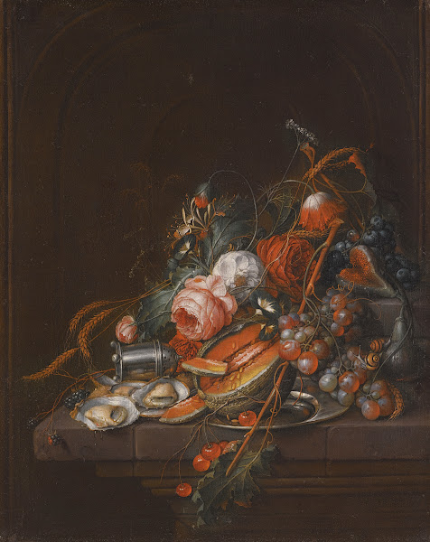 A Still LifeOf Oysters Grapes Cherries Roses Corn SnailsA Melon And A Silver Sug