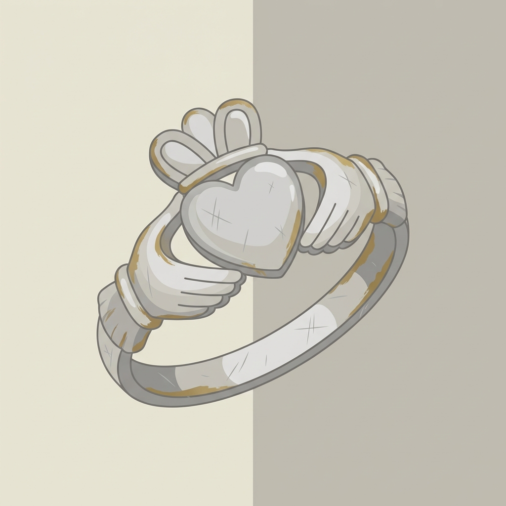Detailed 2D vector illustration of an ancient claddagh ring showing patina and uneven wear on silver against a muted beige background ede7da
