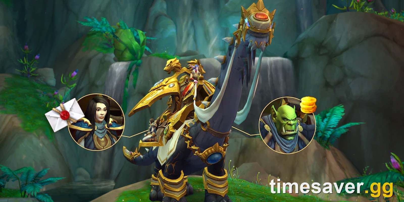 In-game auction-house vendor mount carrying a mailbox, auctioneer and gold vendor — the same convenience the Sporebearer Fungal Strider is built to replace