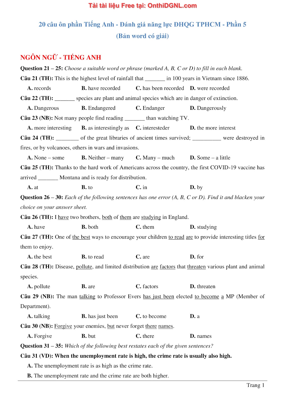 800 bài tập môn Tiếng Anh - Ôn thi ĐGNL ĐHQG TP HCM Phần 5