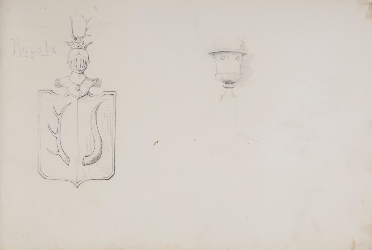 dwa szkice herb Rogala i waza na postumencie 1883 1886