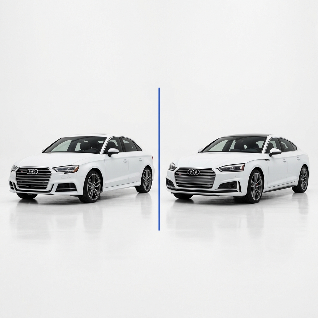 Side by side comparison of a silver Audi S3 and a dark gray Audi S5 photographed from the same three quarter front angle on a white background highlighting size and stance differences audi s5 for sale