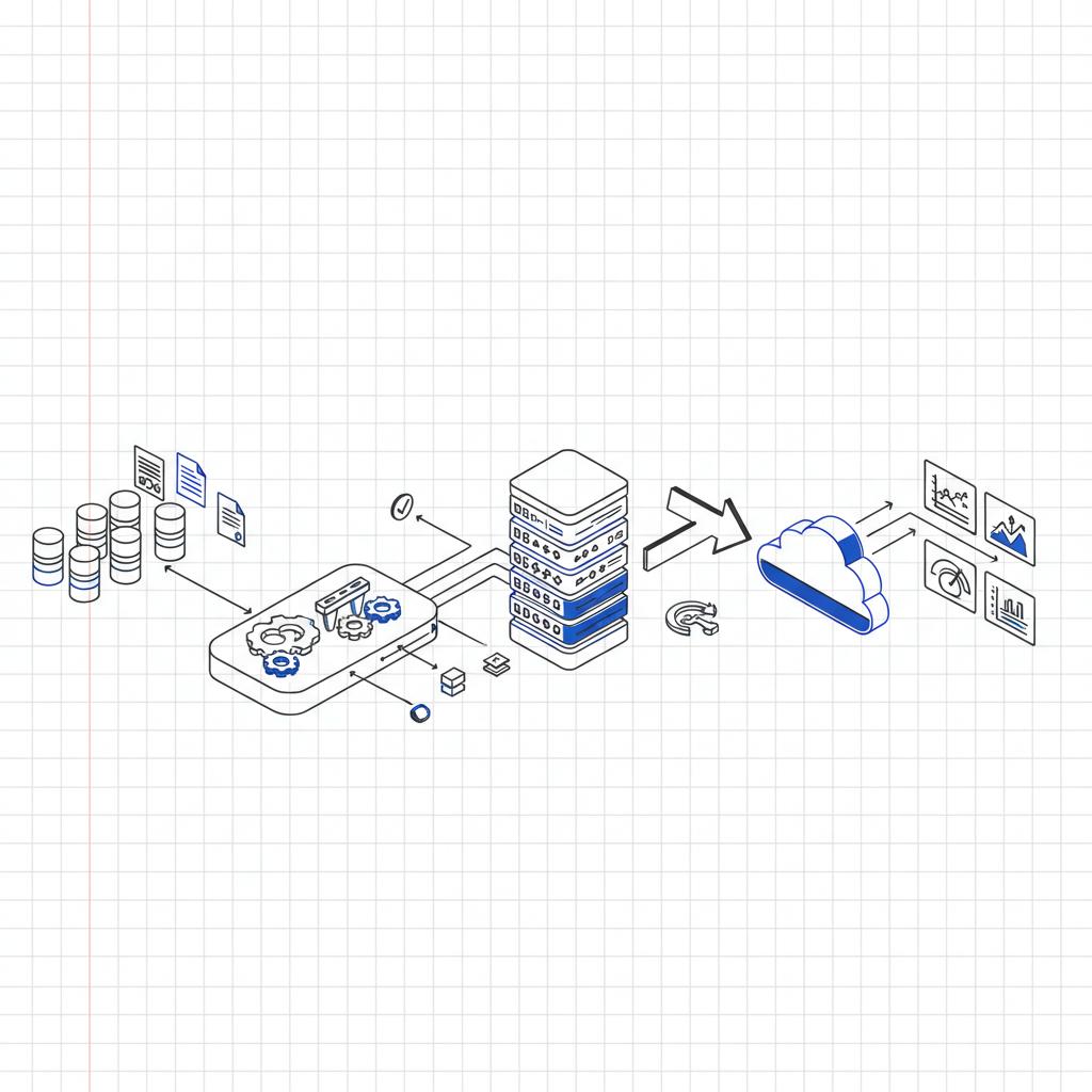 Isometric 2D vector notebook-style sketch of an AI production pipeline showing raw data, preprocessing, model training, deployment and monitoring, for AI consultant rates per hour