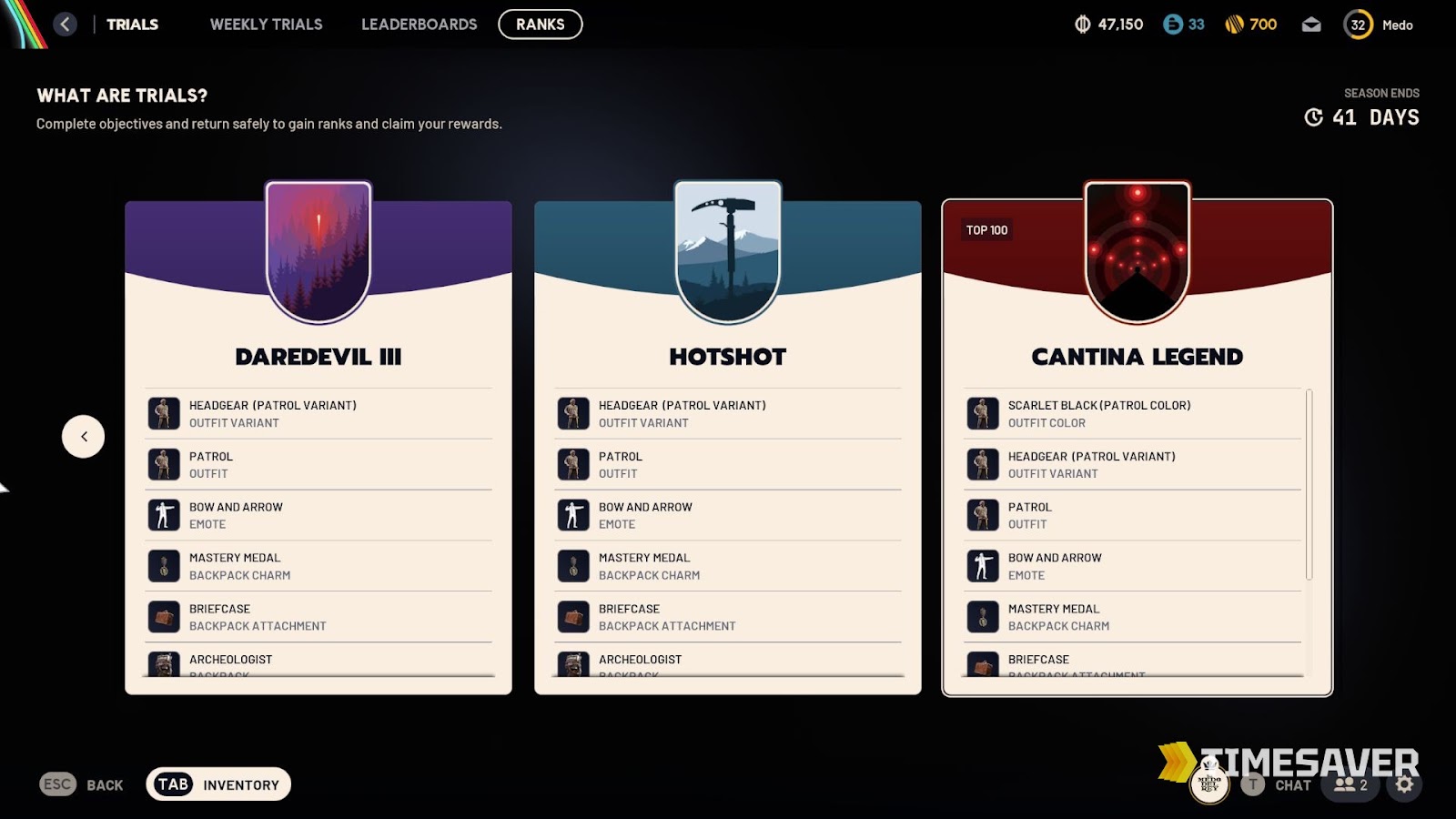 ARC Raiders Trials Ranks menu showing weekly rewards and "Complete objectives and return safely to gain ranks"
