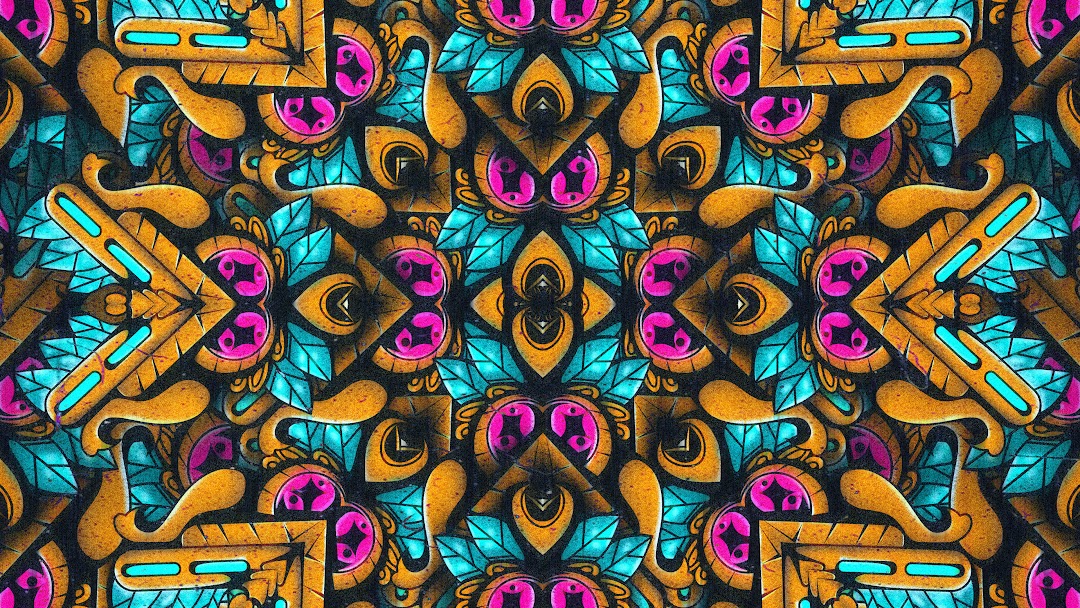 Repeated ornamental pattern with curved leaves, symmetrical arrangements, and black graphic details.