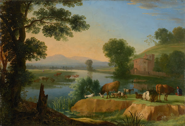 A river landscape with goats and cattle a farmhouse beyond 1649