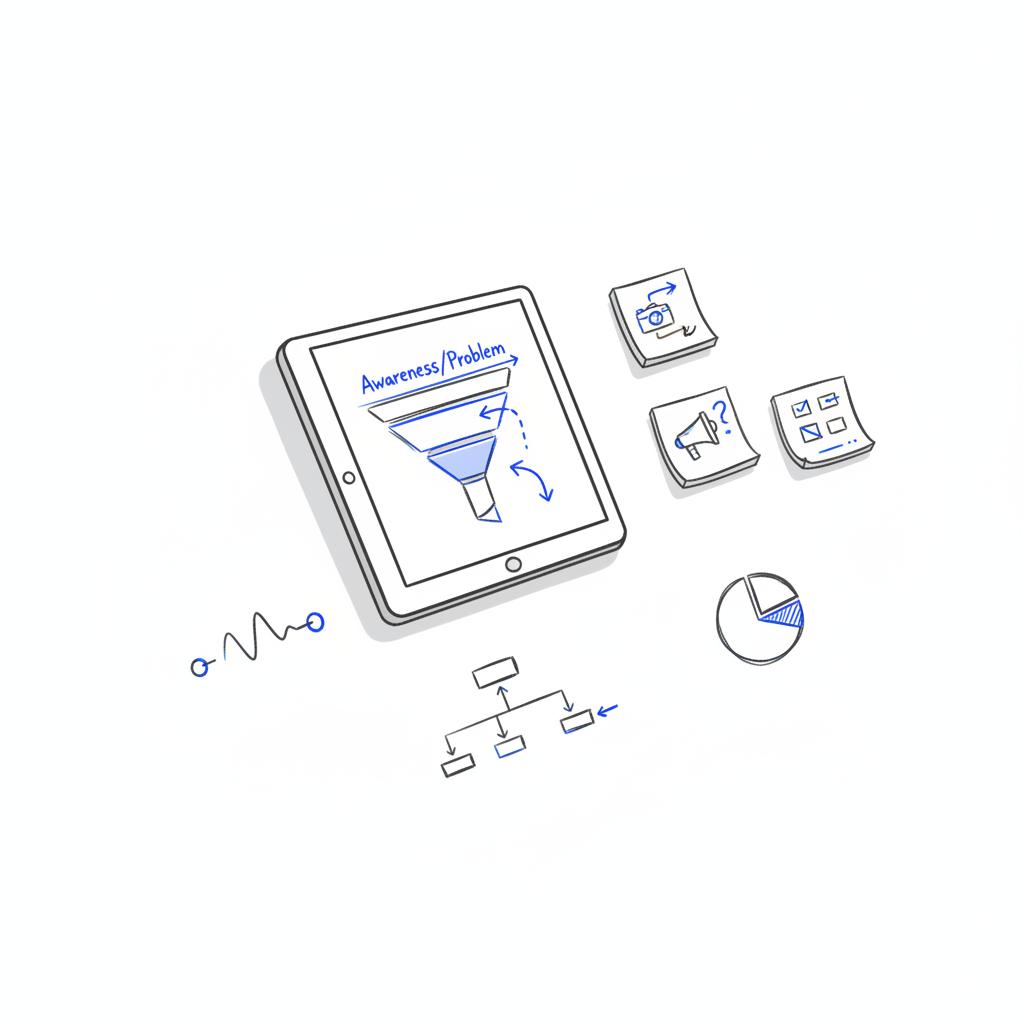 Minimal vector desk scene showing a tablet with a simplified funnel and sticky-note creative variants in charcoal and blue, illustrating facebook ads mistakes