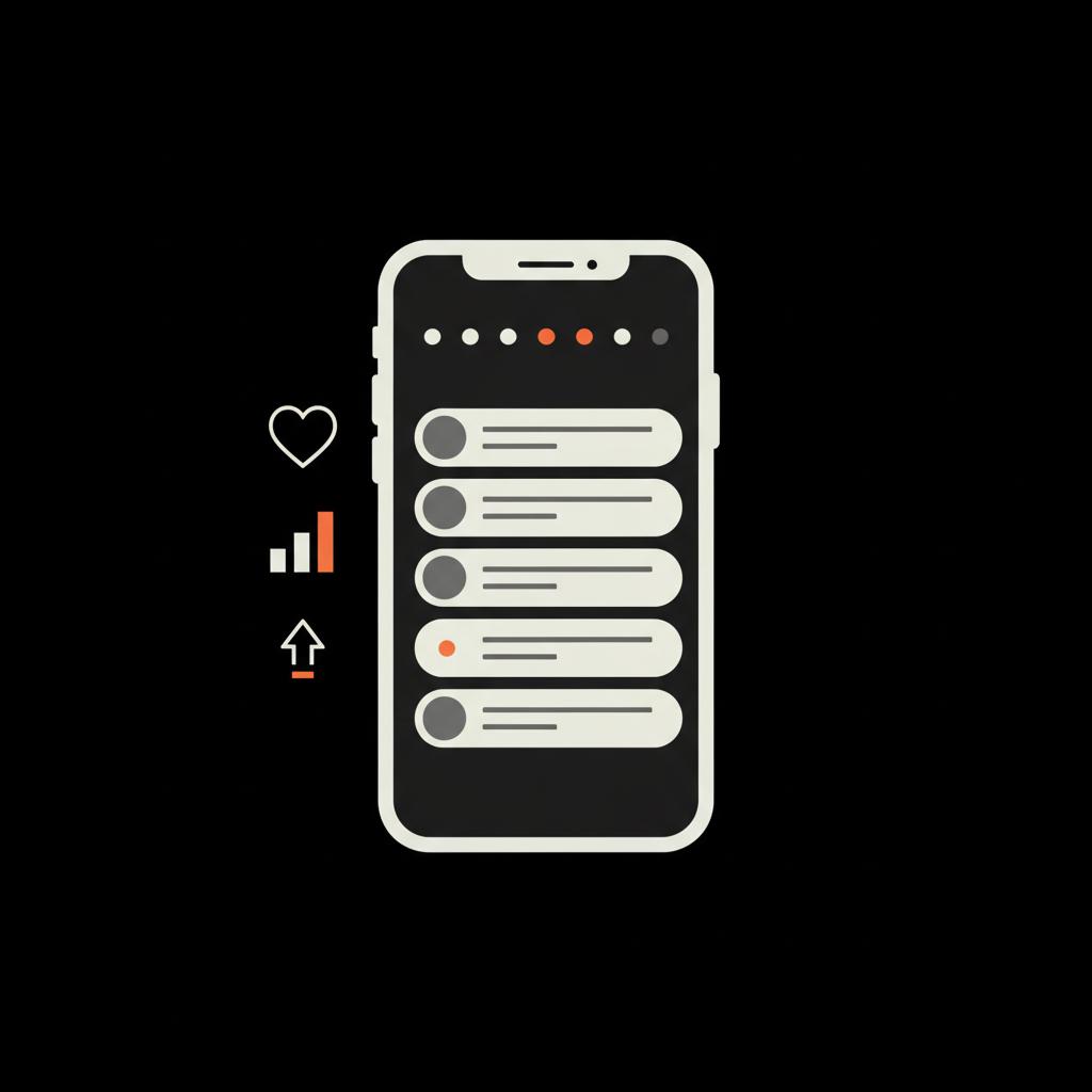 Minimal flat 2D vector of a phone showing story viewer dots and a stacked anonymized viewer list, a clean infographic illustrating Instagram profile views.