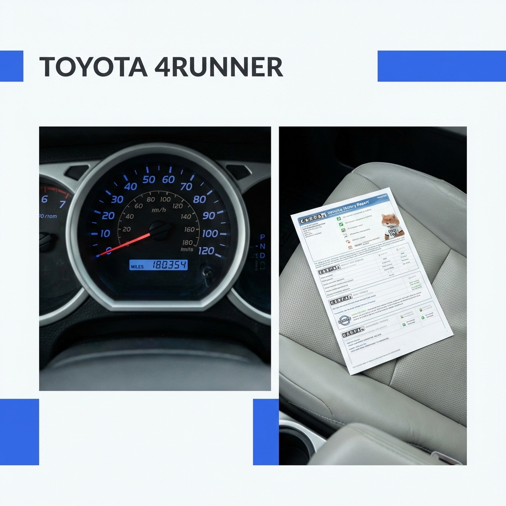 Close up of Toyota 4Runner instrument cluster and odometer showing clear mileage next to a printed vehicle history report used toyota 4runner for sale