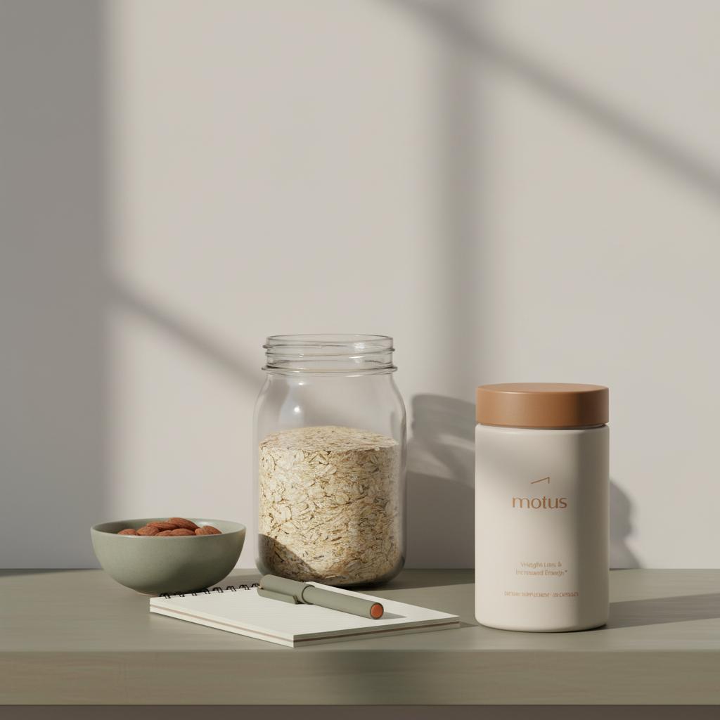 Tidy pantry shelf with Tonum Motus container beside a jar of oats, bowl of almonds and notebook suggesting healthy food swaps to address causes of sugar cravings