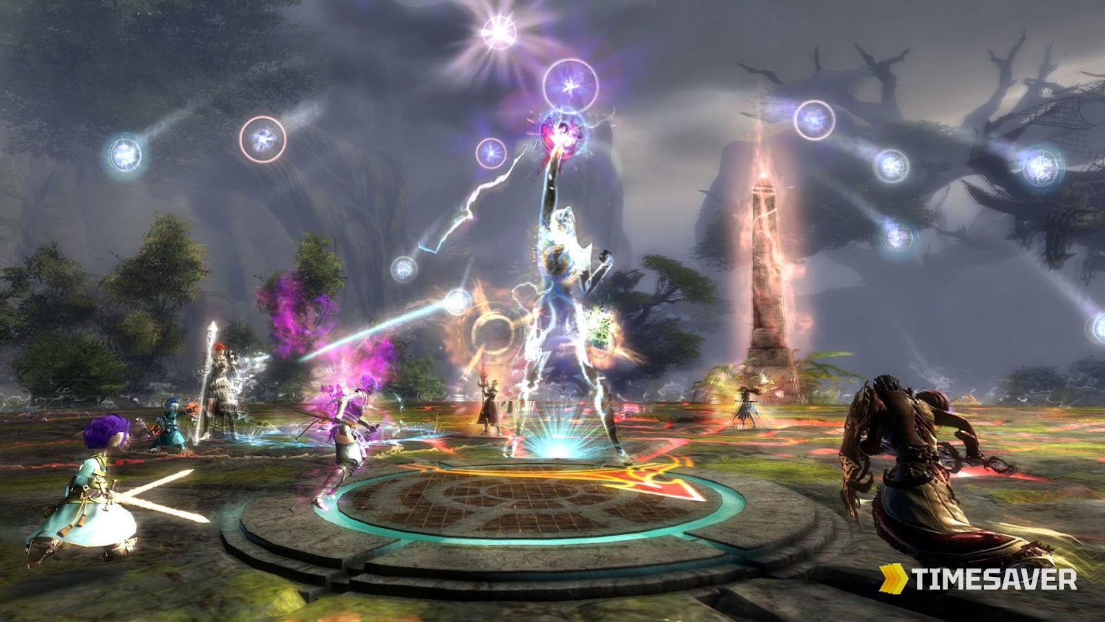 A group of players fighting a boss with colorful spell effects in an open-world MMO event