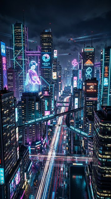 Futuristic Cityscape with Neon Billboards and Holograms - Free mobile Wallpaper