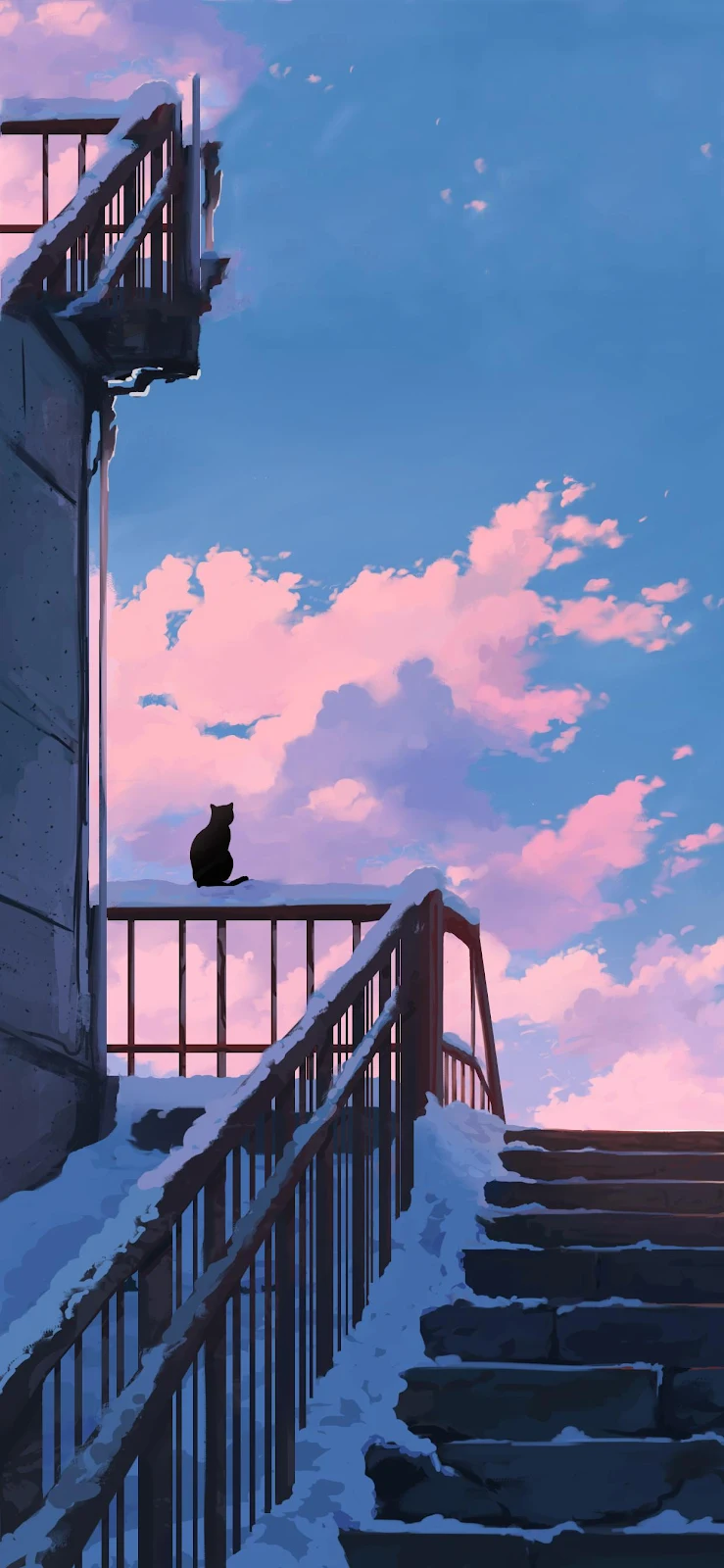 Cat On Snowy Stairs At Dusk - Anime Aesthetic Full HD iPhone Wallpaper (1242x2688)