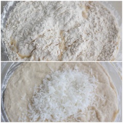 Trộn bột bánh dừa chiên: Cho nước ấm, nước cốt dừa, muối, đường, men khô vào tô, để riêng khoảng 5 phút. Sau đó cho bột mì, dừa nạo vào, dùng muỗng trộn đều.